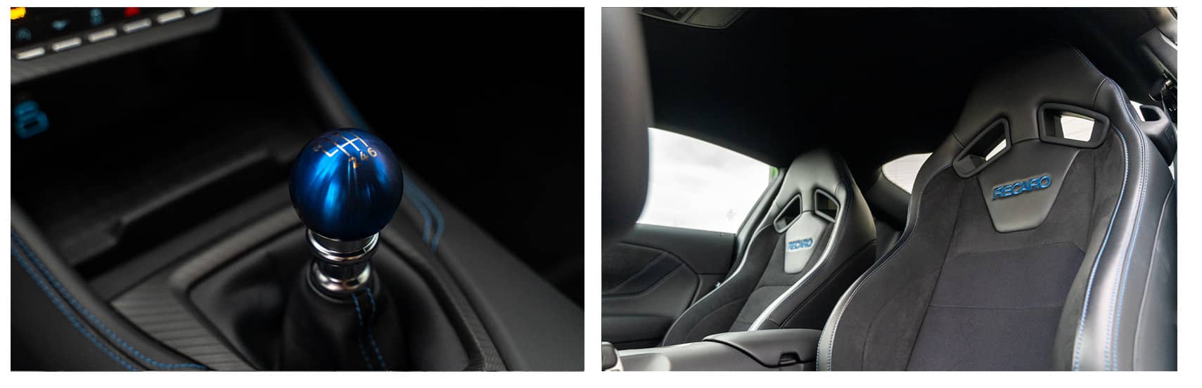 Ford Mustang Gen 7 Cockpit mit blauem Schaltknauf und optionalen Recaro Sportsitzen