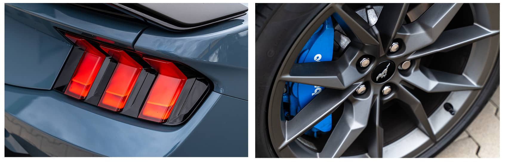 Ford Mustang Gen 7 Tri-Bar LED-Rückleuchten und blaue Bremssättel hinter 19-Zoll-Felgen